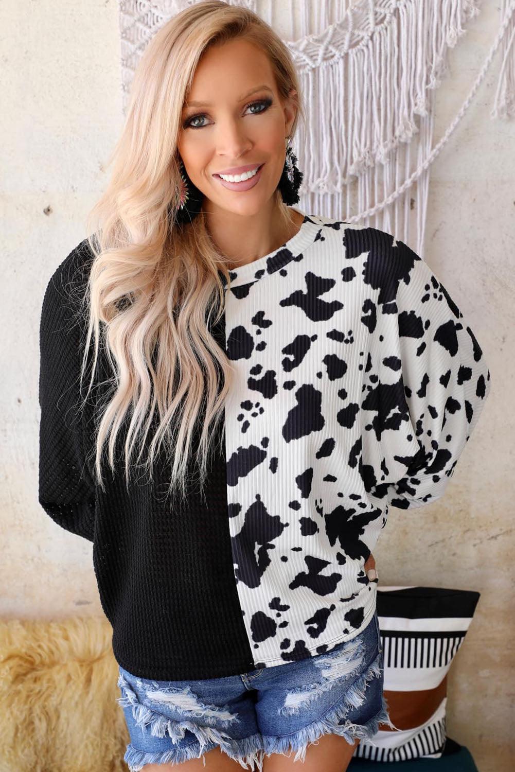 Cow Patchwork Waffle Knit Long Sleeve Top - L & M Kee, LLC