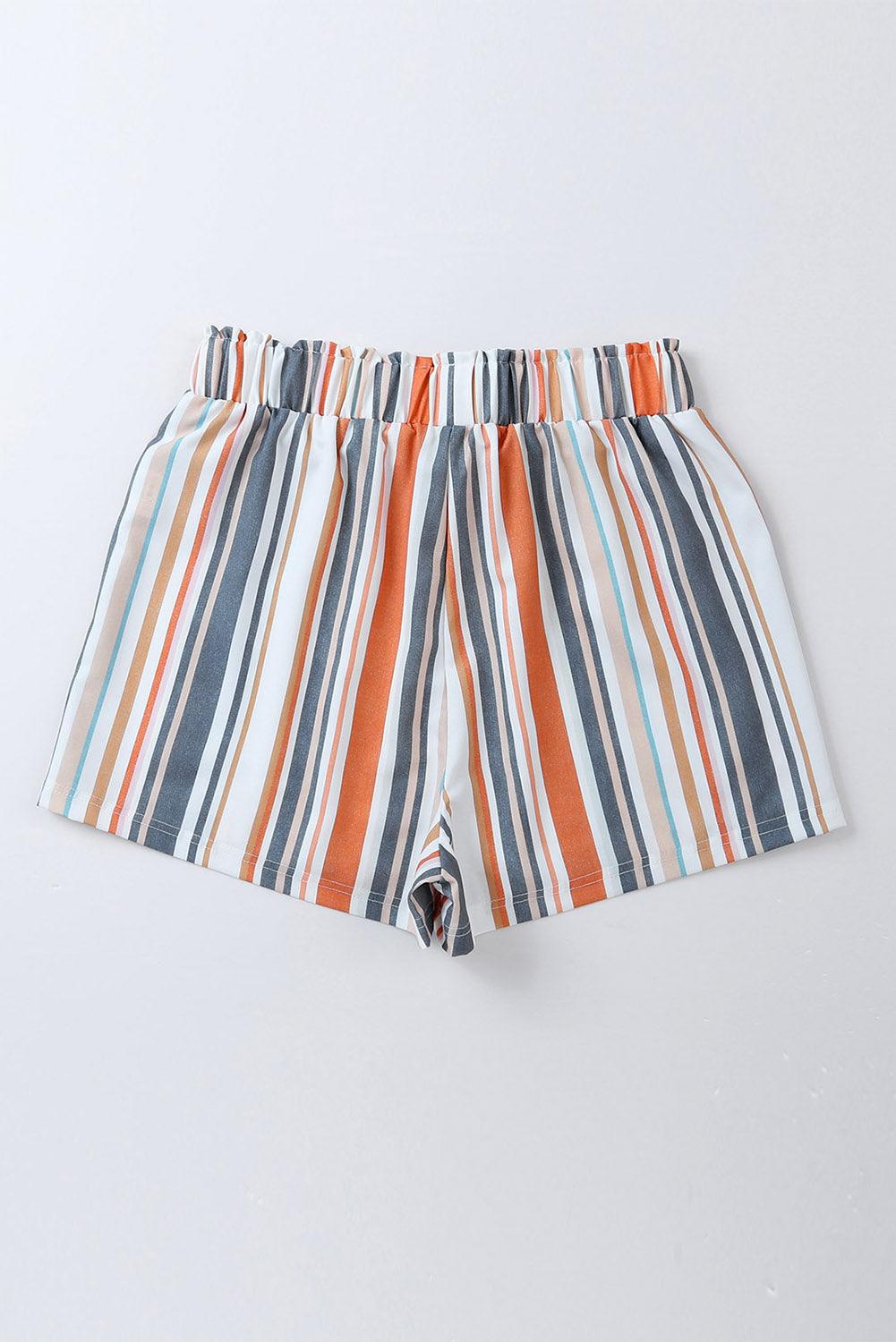 Stripe Vintage Washed Elastic Frill Waist Casual Shorts - L & M Kee, LLC