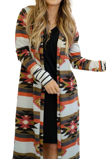 Multicolor Geometric Color Block Open Front Long Cardigan - L & M Kee, LLC