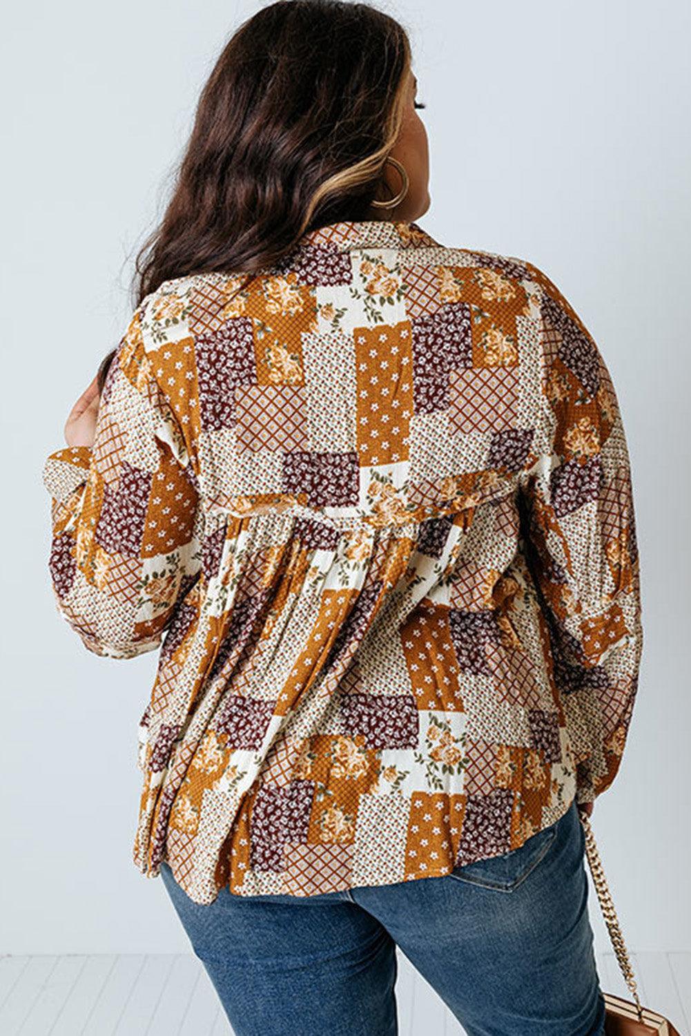 Turn-down Neck Mixed Print Plus Size Shirt - L & M Kee, LLC