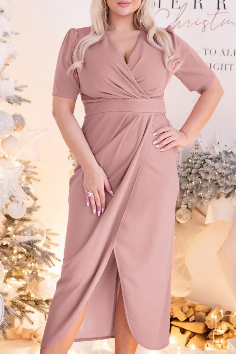 Plus Size Wrap V Neck Slit Hem Midi Dress - L & M Kee, LLC