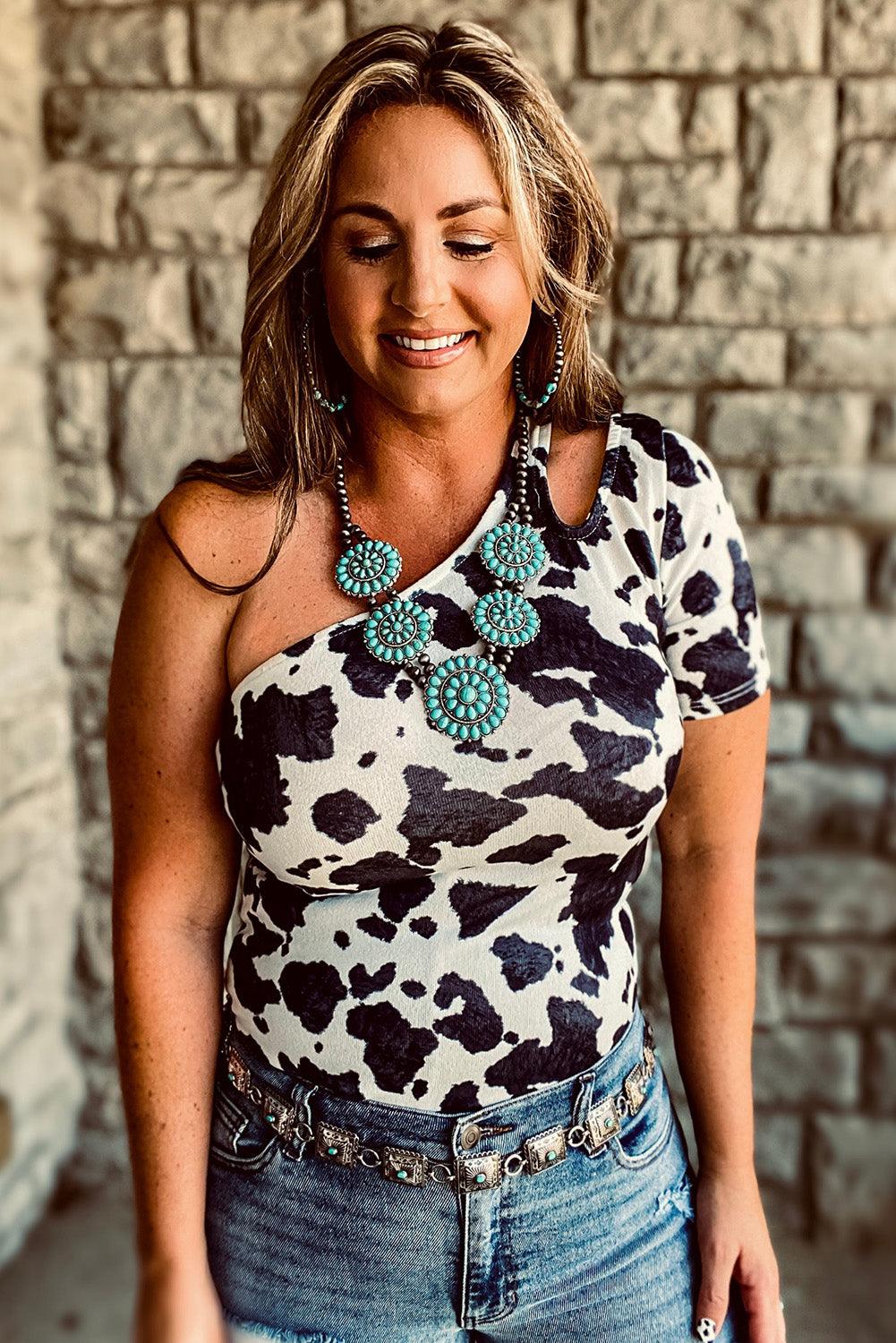 One Shoulder Cow Print Cut out Short Sleeve Top - L & M Kee, LLC