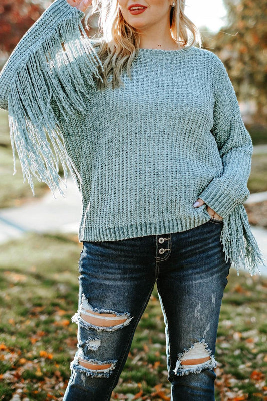 Plus Size Fringed Long Sleeve Knit Sweater - L & M Kee, LLC