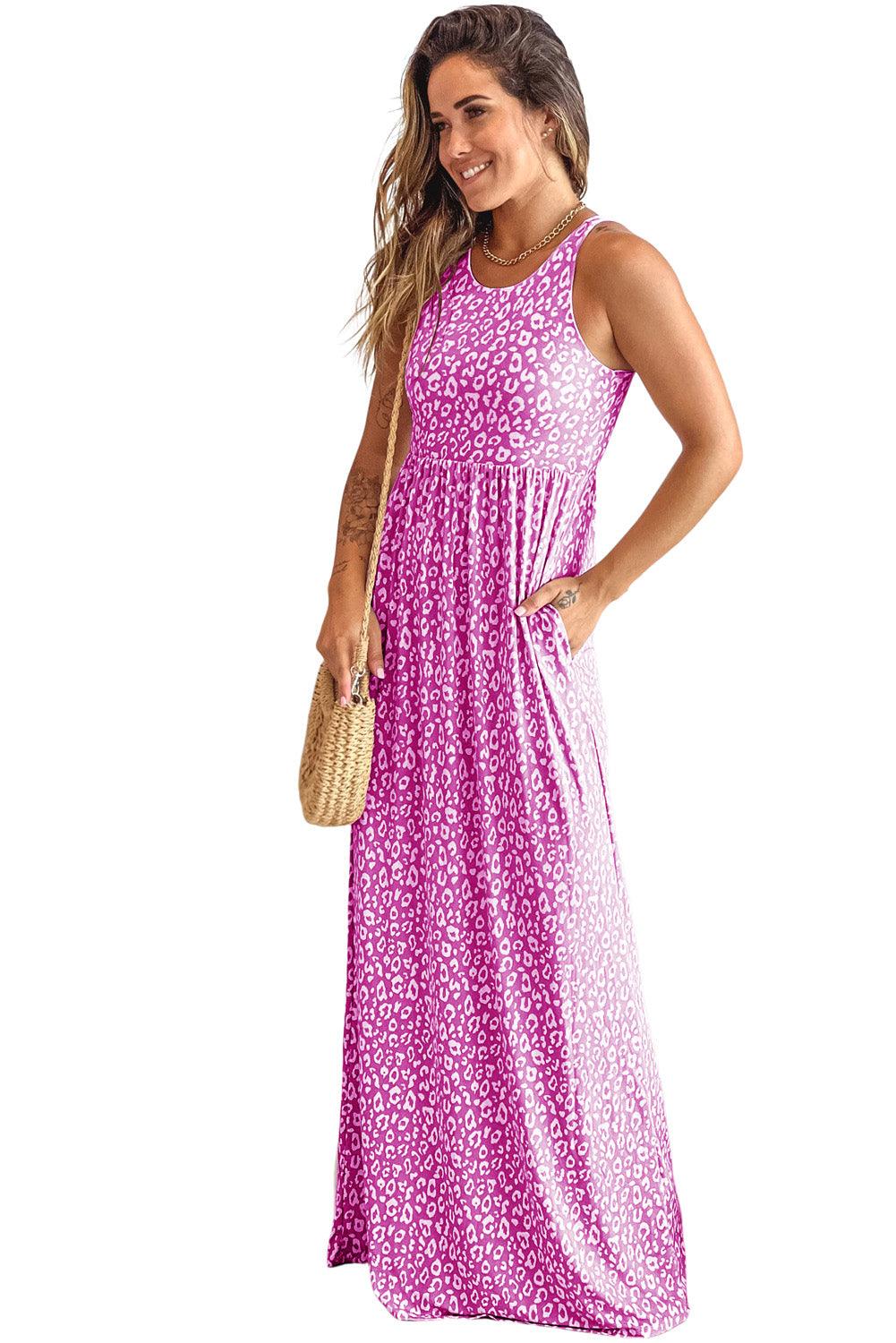 Leopard Print Pocketed Sleeveless Maxi Dress - L & M Kee, LLC