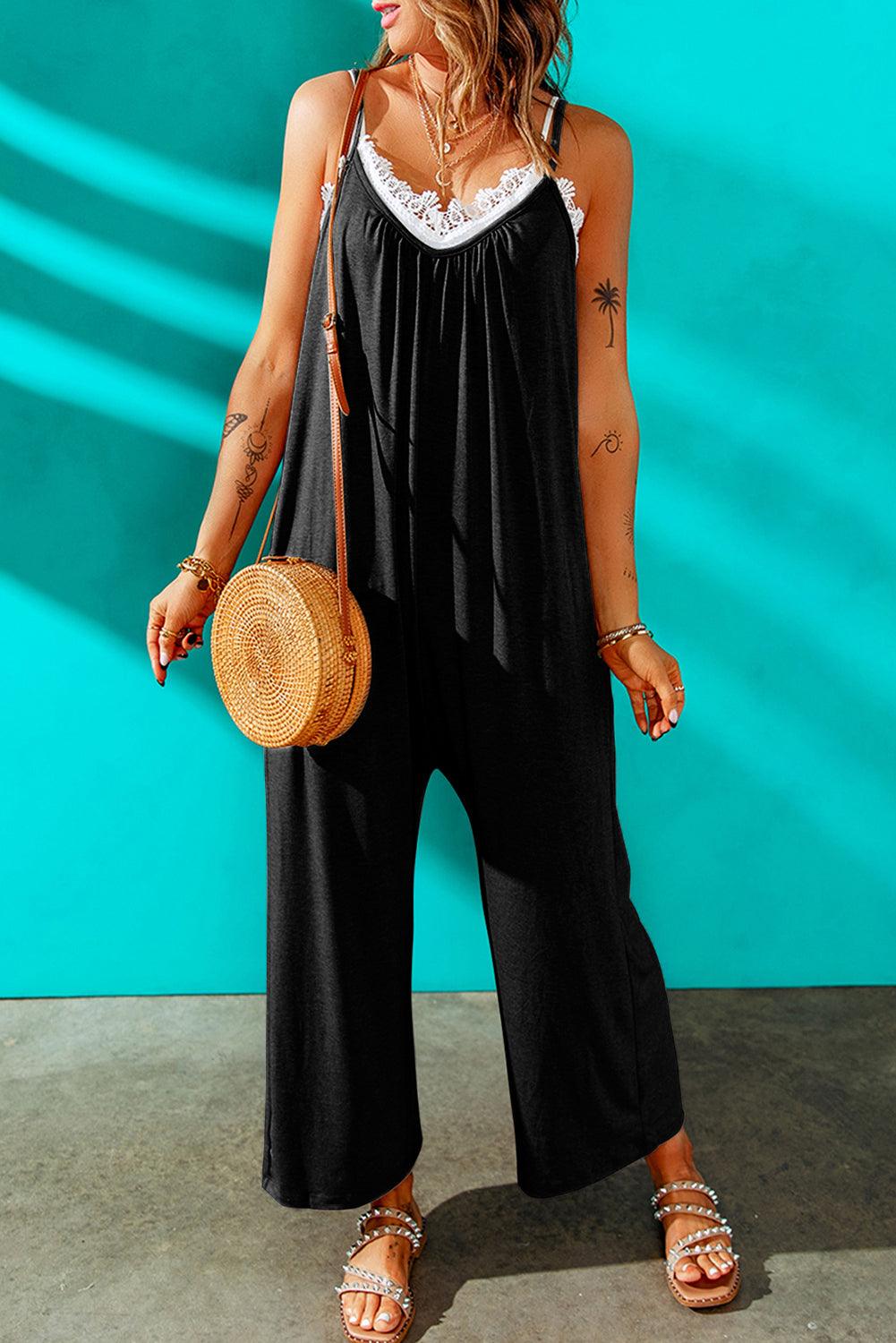 Spaghetti Straps Wide Leg Pocketed Jumpsuits - L & M Kee, LLC