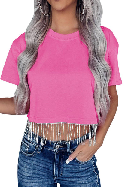 Graphic Print Rhinestone Fringed Crop Top - L & M Kee, LLC