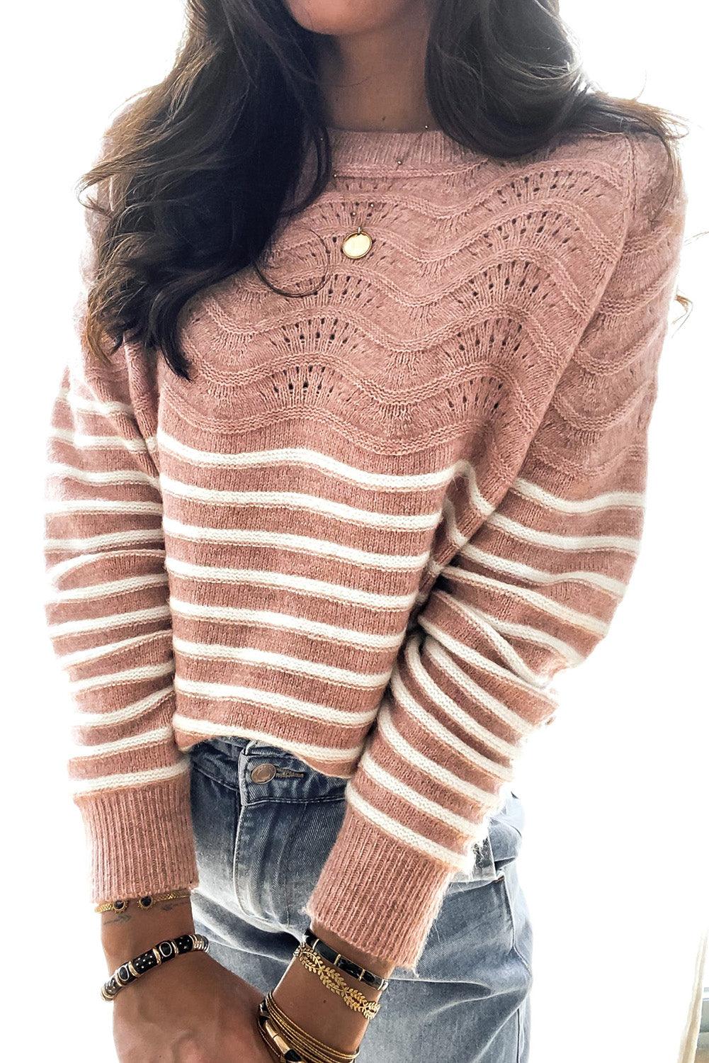 Striped Textured Long Sleeve Knit Sweater - L & M Kee, LLC