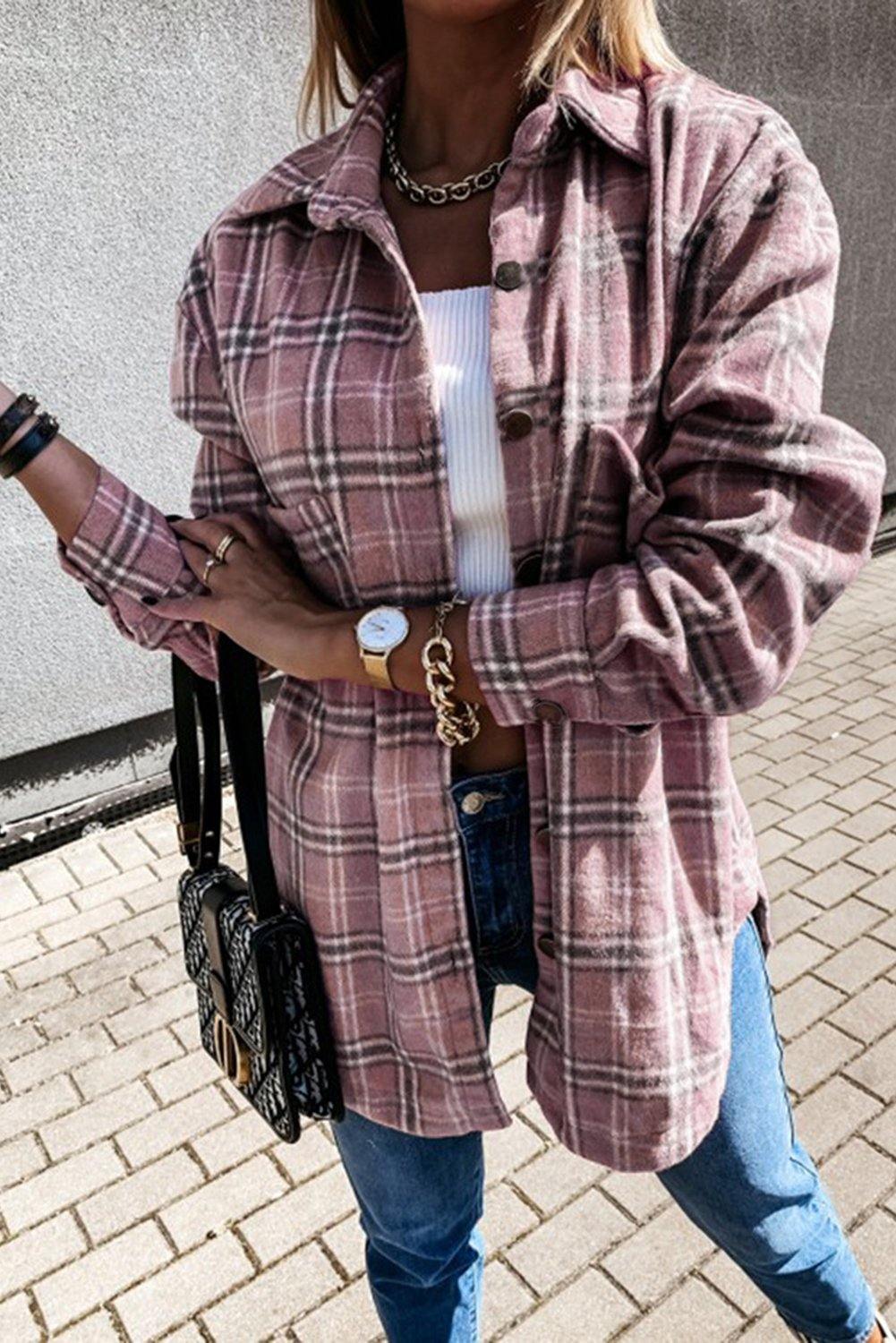 Plaid Pattern Buttoned Shirt Coat with Slits - L & M Kee, LLC