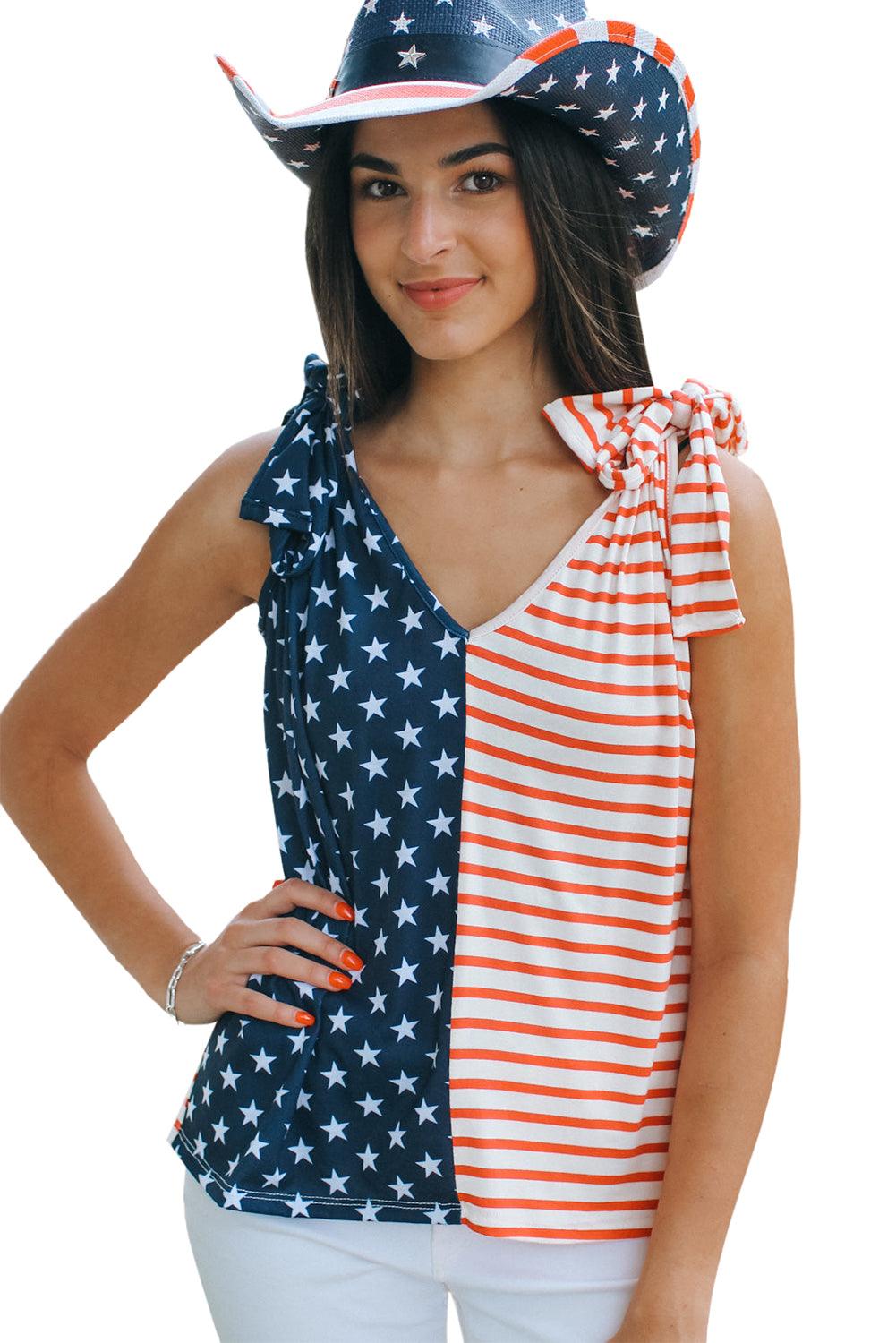 American Flag Color Block Knotted Straps Tank Top - L & M Kee, LLC