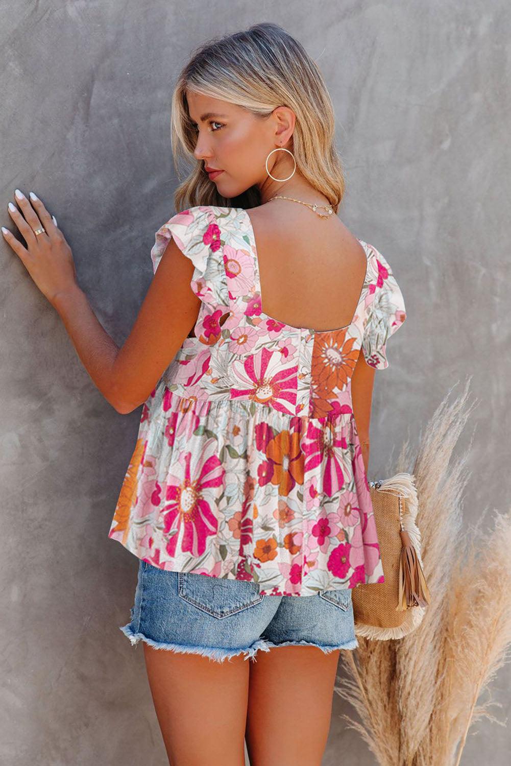 Multicolor Flutter Floral Print Flowy Tank Top - L & M Kee, LLC