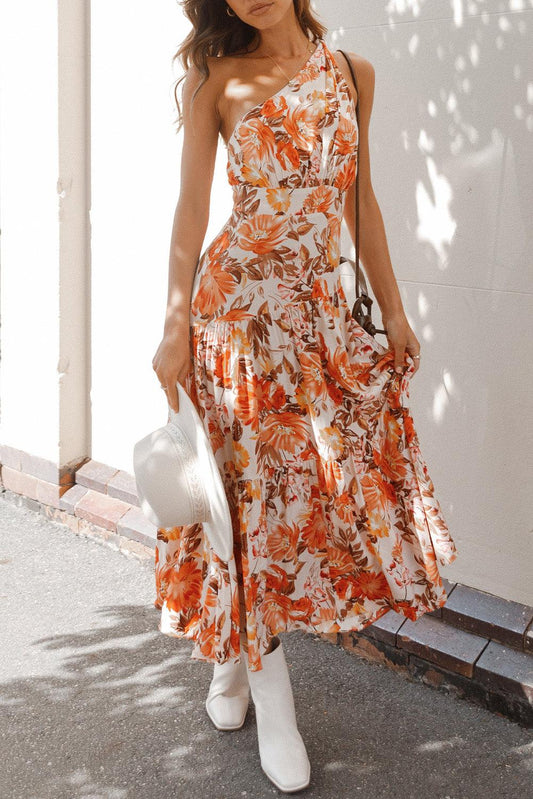 Floral Print Pleated One Shoulder High Waist Maxi Dress - L & M Kee, LLC