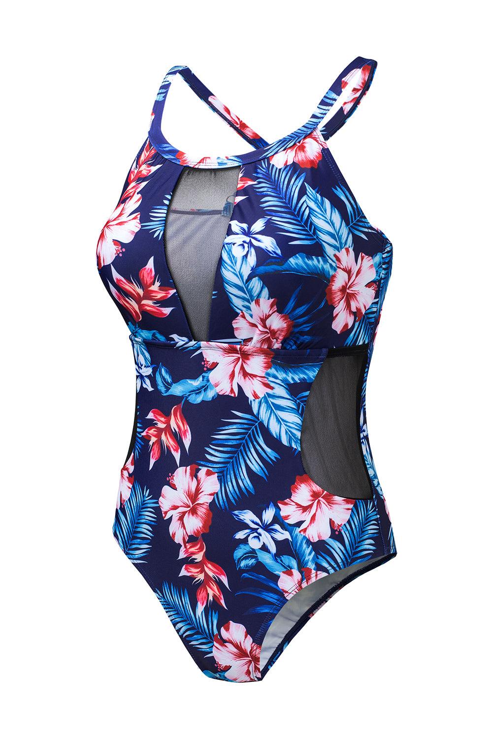 Floral Print Mesh Patchwork Criss Cross One-piece Swimsuit - L & M Kee, LLC