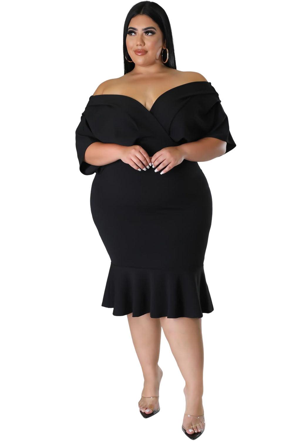 Plus Size Pleated V Neck Ruffle Hem Bodycon Dress - L & M Kee, LLC