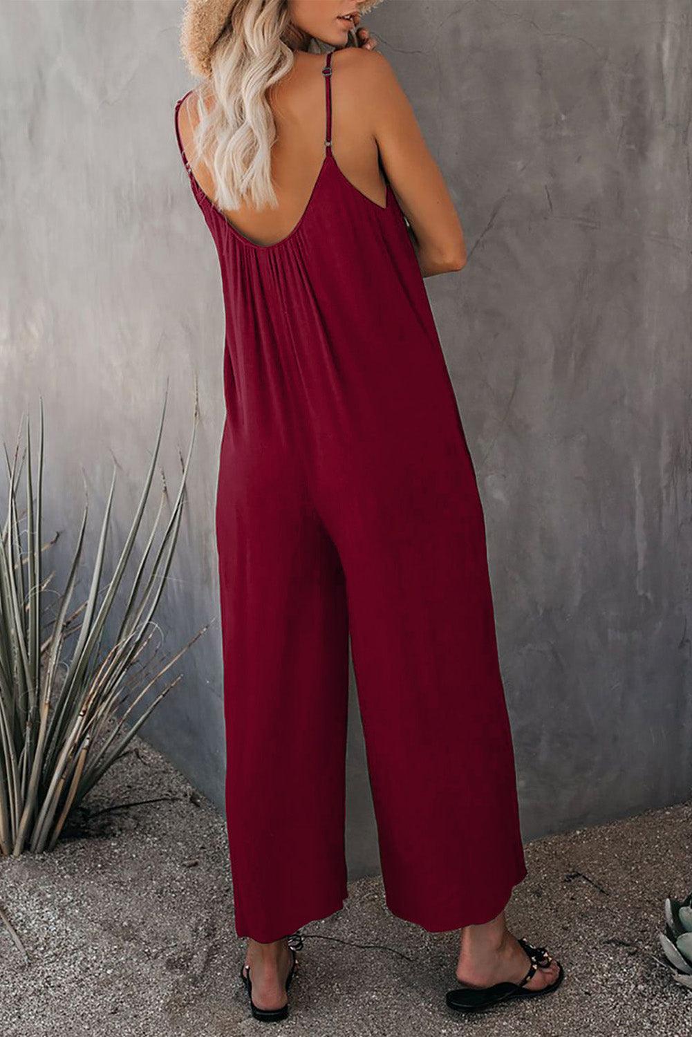 Spaghetti Straps Wide Leg Pocketed Jumpsuits - L & M Kee, LLC