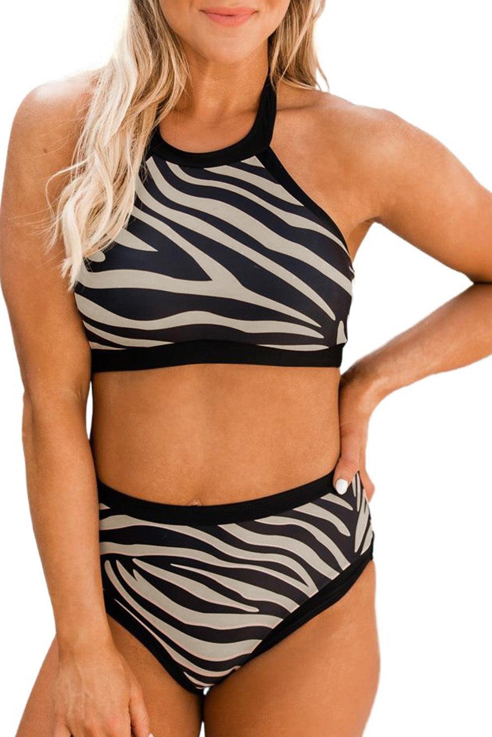 Zebra Print Sleeveless Halter Neck Bikini Swimwear - L & M Kee, LLC
