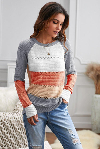 Multi-color Knitted Color Block Long Sleeve Crew Neck Sweater - L & M Kee, LLC