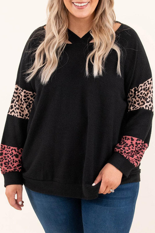 Plus Size Leopard Patchwork Strappy Neck Top - L & M Kee, LLC