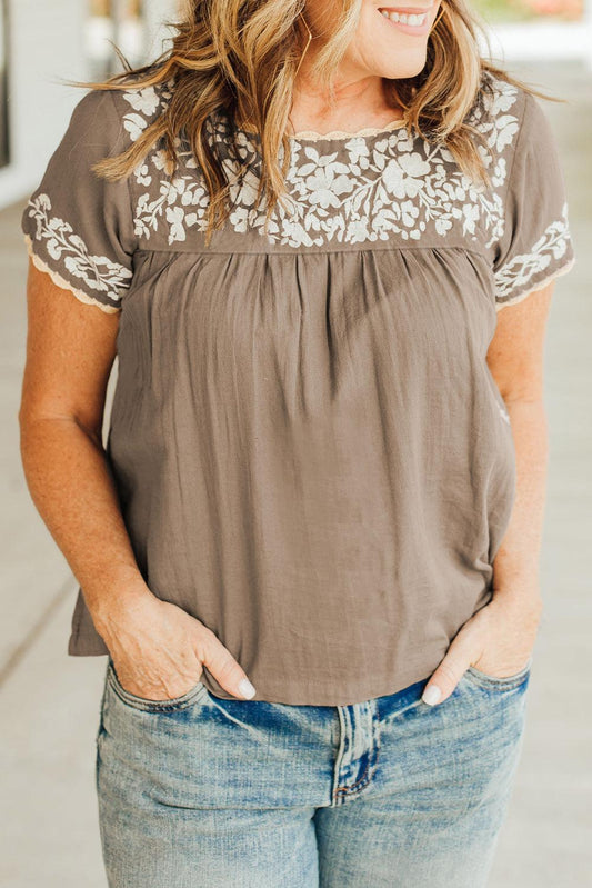 Short Sleeve Embroidered Blouse - L & M Kee, LLC