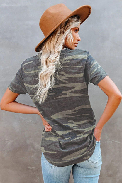 Camouflage Print V Neck Tee with Pocket - L & M Kee, LLC