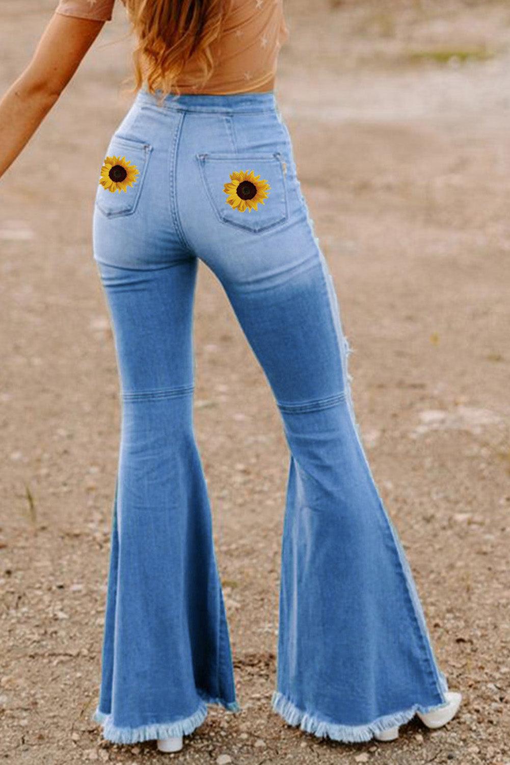 High Waist Raw Hem Button Ripped Flare Jeans - L & M Kee, LLC