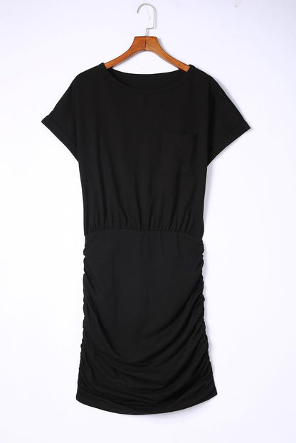 Chest Pocket Loose T-shirt Ruched Bodycon Mini Dress