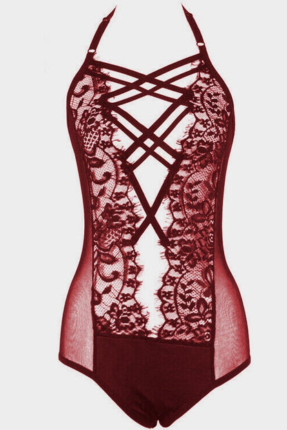 Wine Red Strappy Lace Goth Teddy - L & M Kee, LLC