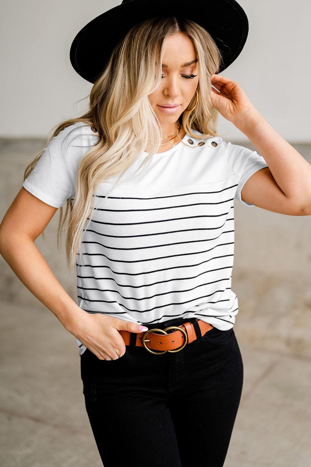 Nautical Striped Buttoned Short Sleeve Top - L & M Kee, LLC
