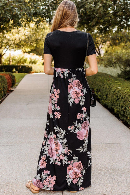 Contrast Floral Empire Waist Maxi Dress - L & M Kee, LLC