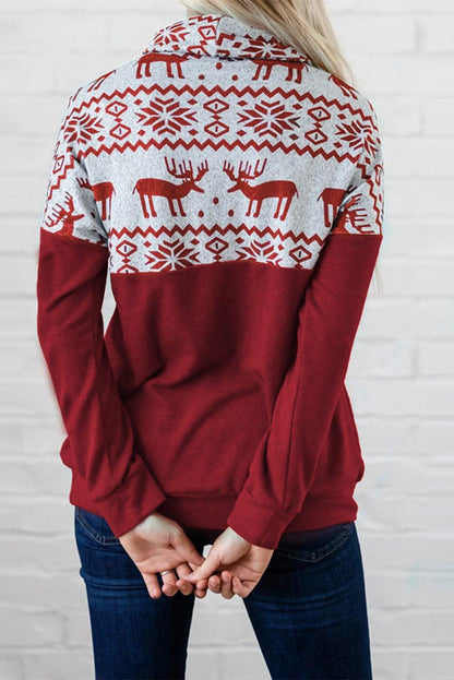 Christmas Elk Snowflake Color Block Cowl Neck Sweatshirt - L & M Kee, LLC