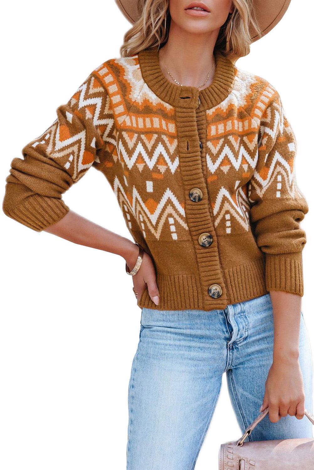 Geometric Pattern Buttoned Knit Cardigan - L & M Kee, LLC