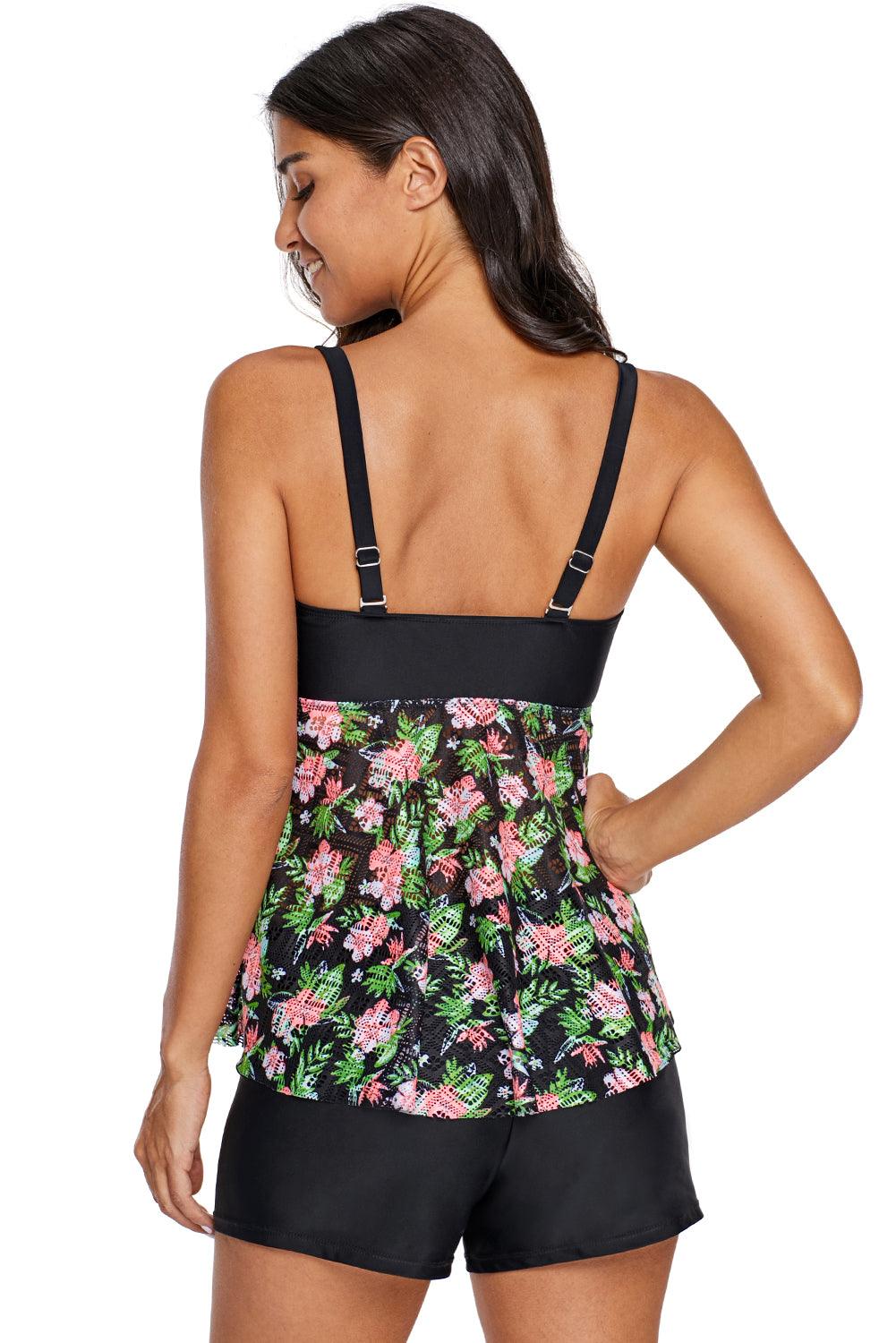 Floral Lacy Skirted Bandeau Tankini Top - L & M Kee, LLC