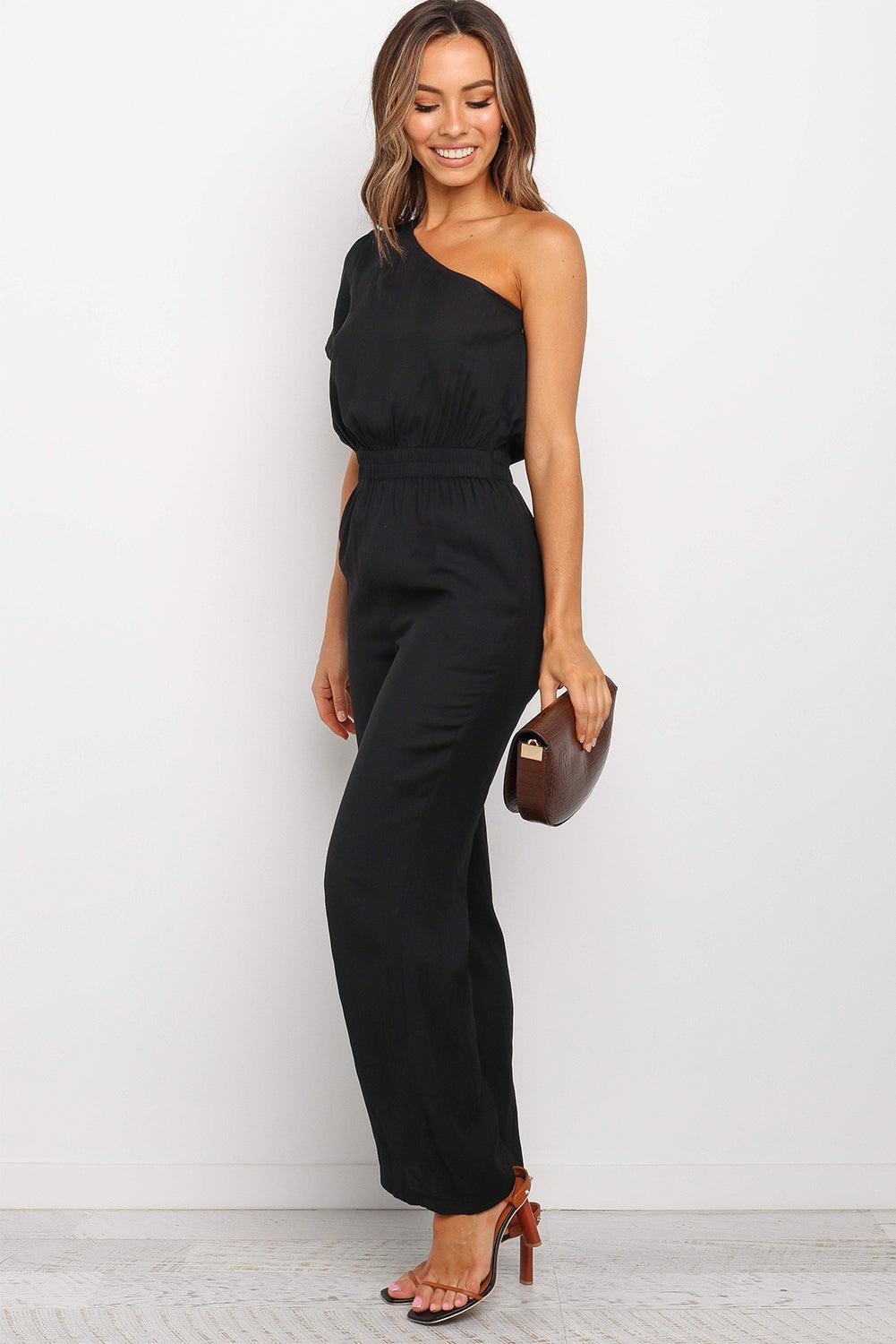 One Shoulder Puff Sleeve Elastic High Waist Jumpsuit - L & M Kee, LLC