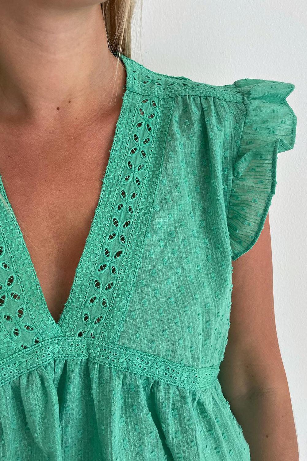 Eyelet V Neckline Ruffle Swiss Dot Top - L & M Kee, LLC