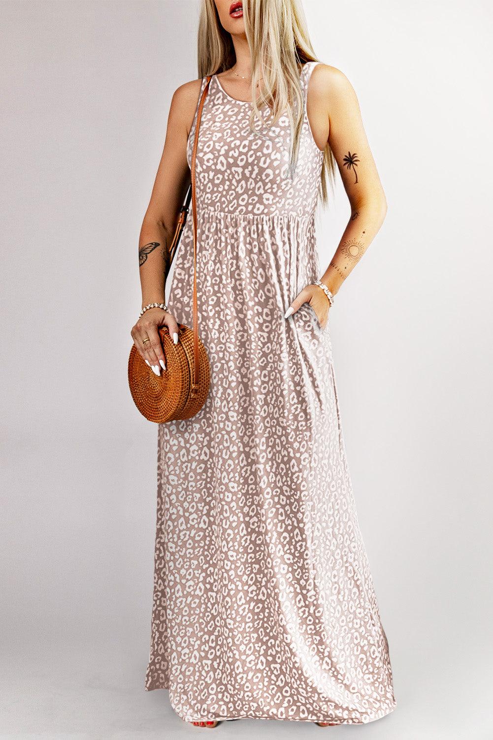 Leopard Print Pocketed Sleeveless Maxi Dress - L & M Kee, LLC