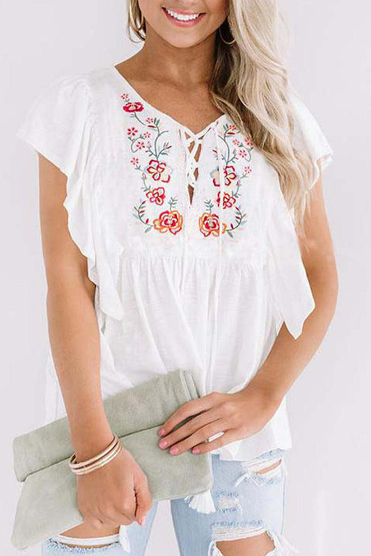 Floral Embroidered Ruffled Lace-up V Neck Top - L & M Kee, LLC