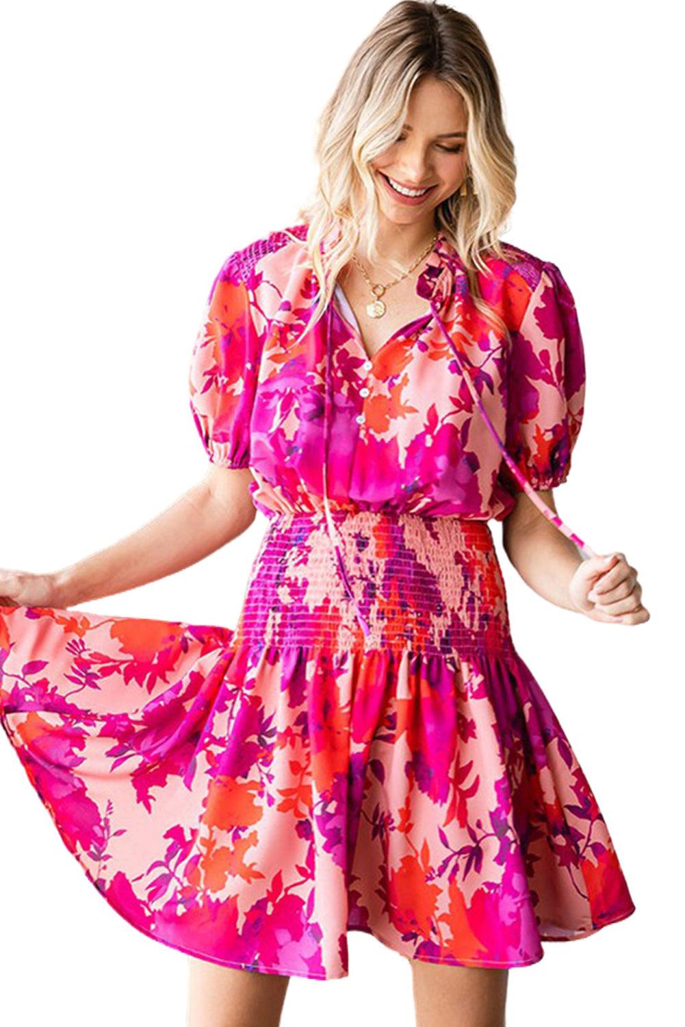 Floral Smocked Waist Bubble Sleeve Flare Dress - L & M Kee, LLC