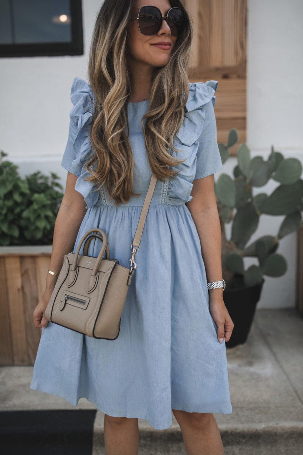 Ruffle Chambray Midi Dress - L & M Kee, LLC