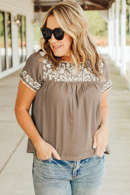 Short Sleeve Embroidered Blouse - L & M Kee, LLC