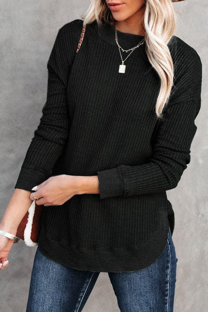 Crew Neck Ribbed Trim Waffle Knit Top - L & M Kee, LLC