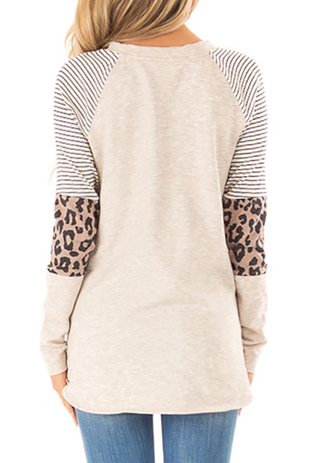 Khaki Striped and Leopard Color Block Sleeves Top - L & M Kee, LLC