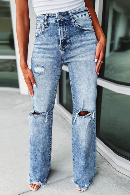 Washed Ripped Wide Leg High Waist Jeans - L & M Kee, LLC