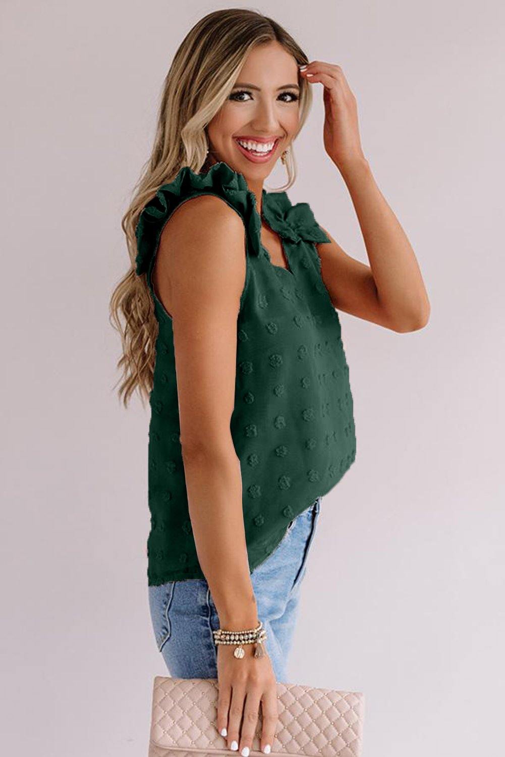 Swiss Dot Woven Sleeveless Top With Ruffled Straps - L & M Kee, LLC