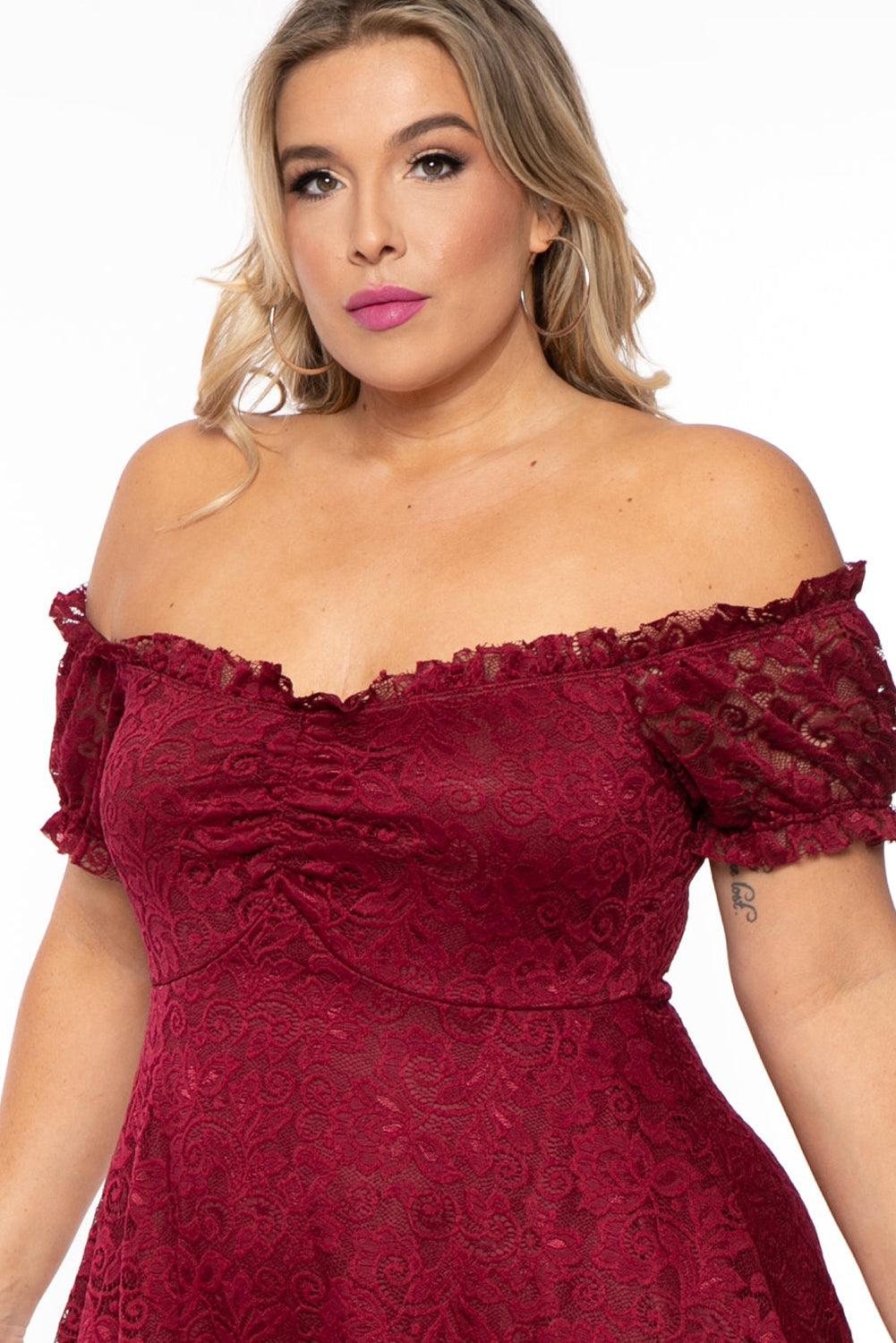 Lace Frill Bubble Sleeve Off Shoulder Plus Size Dress - L & M Kee, LLC