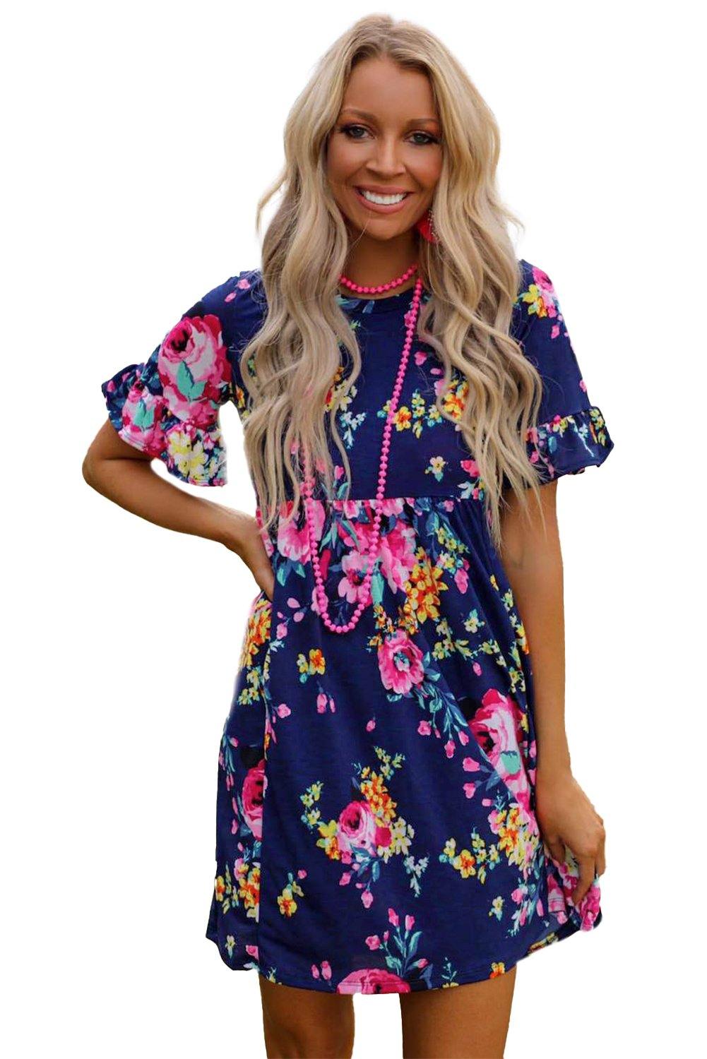 Ruffled Short Sleeve Floral Dress - L & M Kee, LLC