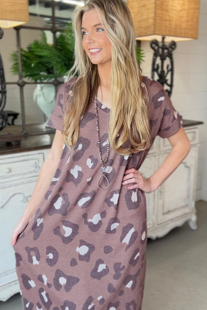 Print V Neck Long T-shirt Dress - L & M Kee, LLC