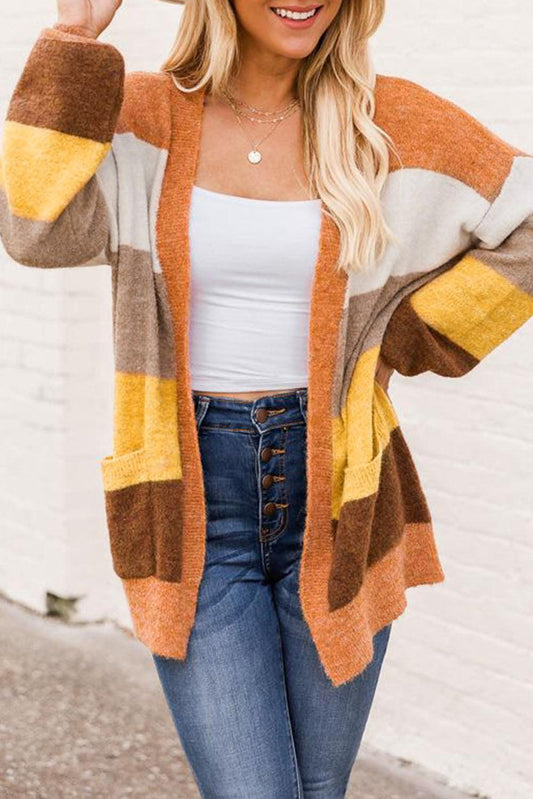 Open Front Pocketed Colorblock Cardigan - L & M Kee, LLC