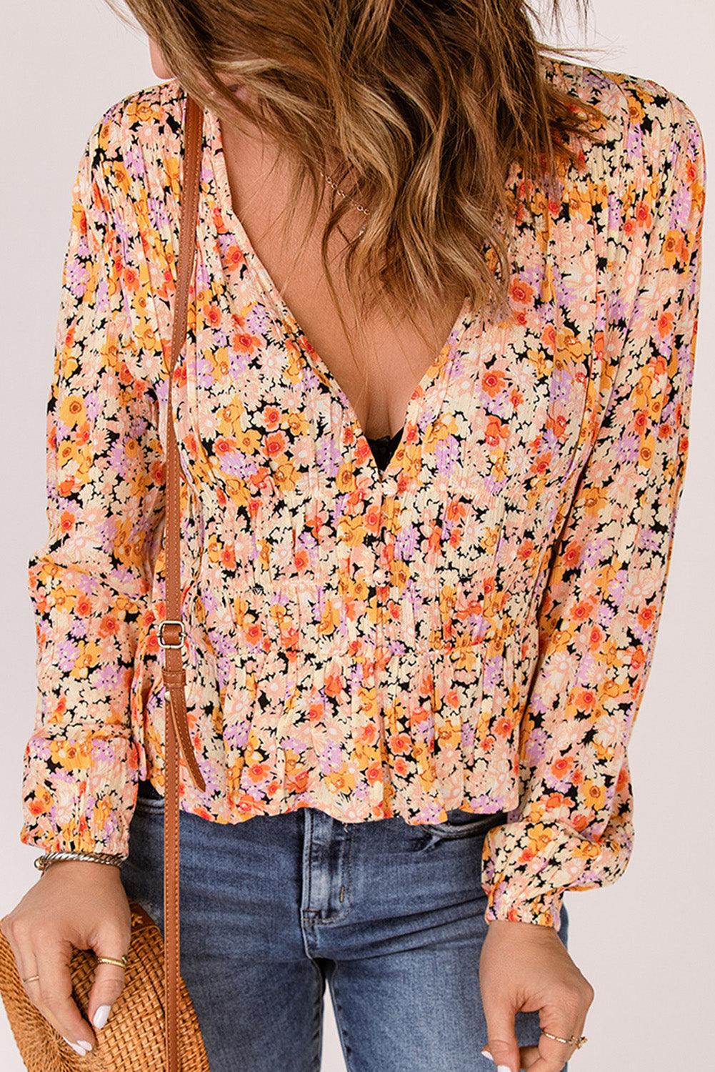 Floral V Neck Buttons Peplum Shirt - L & M Kee, LLC