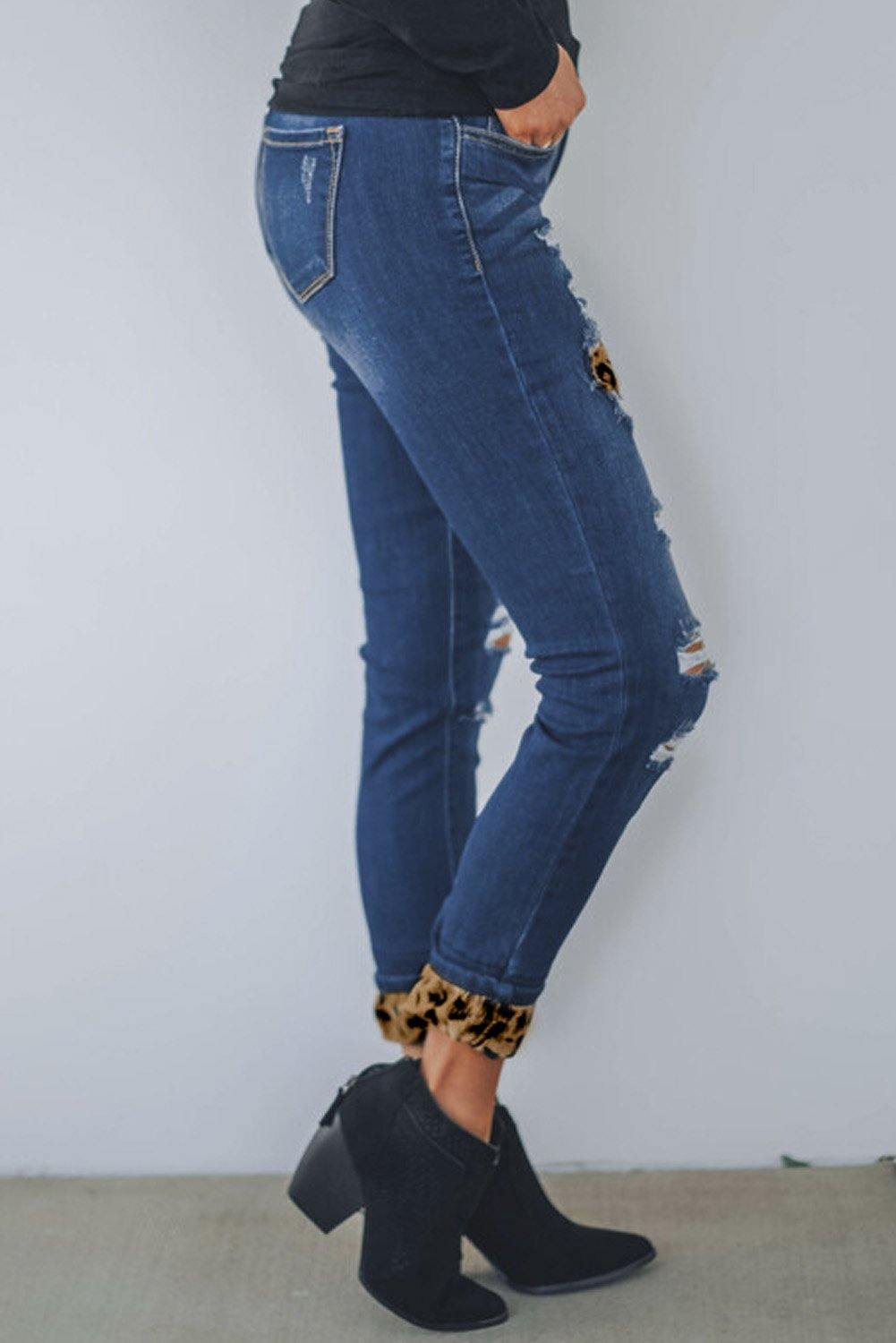 Mid Rise Leopard Patch Distressed Ankle Skinny Jeans - L & M Kee, LLC