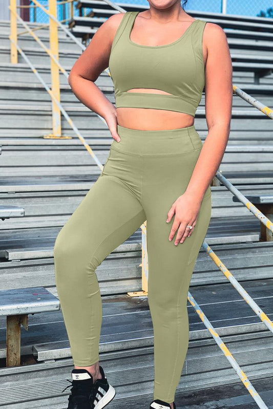 Army Green Two-piece Cut out Bra and Leggings Sports Wear - L & M Kee, LLC