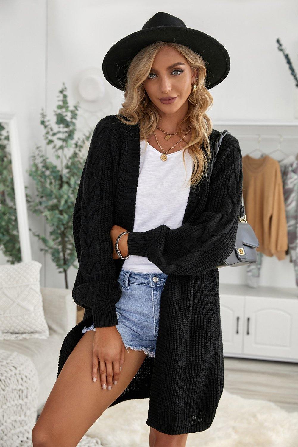 Open Front Cable Sleeve Long Cardigan - L & M Kee, LLC
